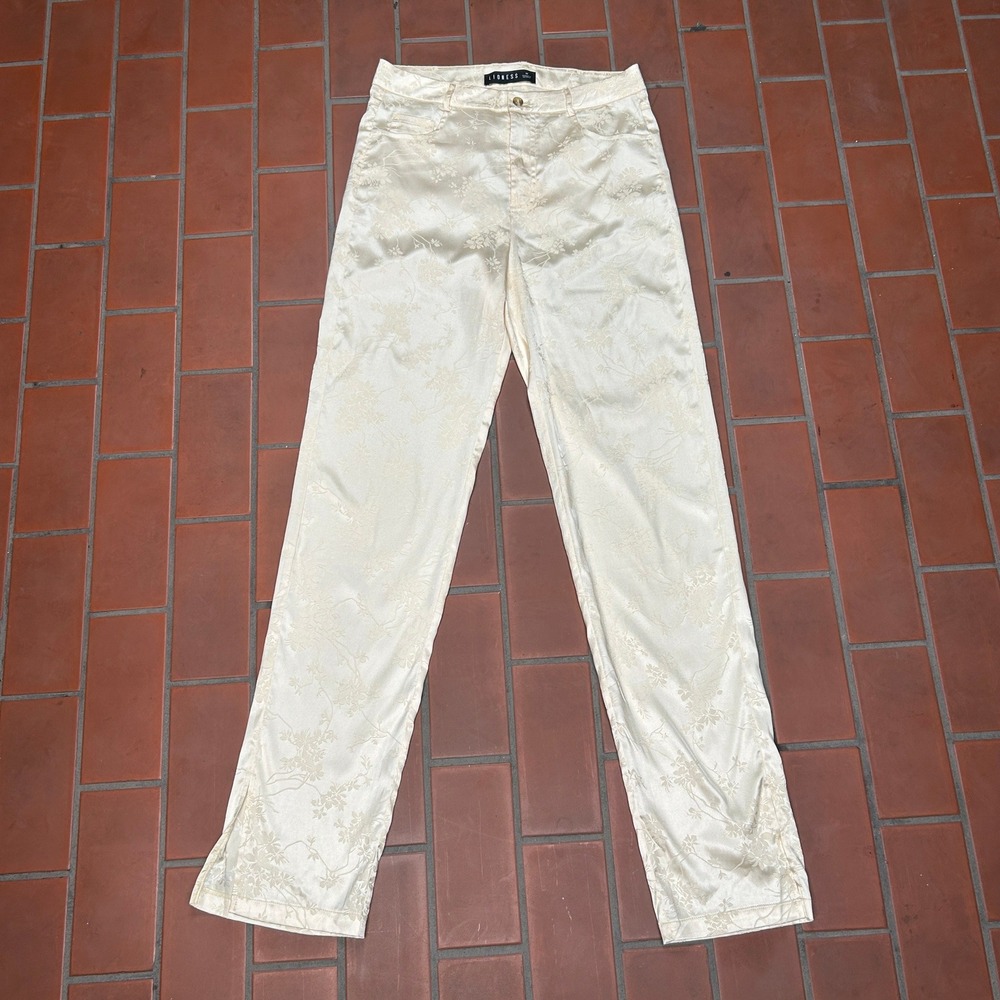 Lioness Floral Jacquard Pants Cream Satin Straight Leg Trousers Size M Boho Y2k